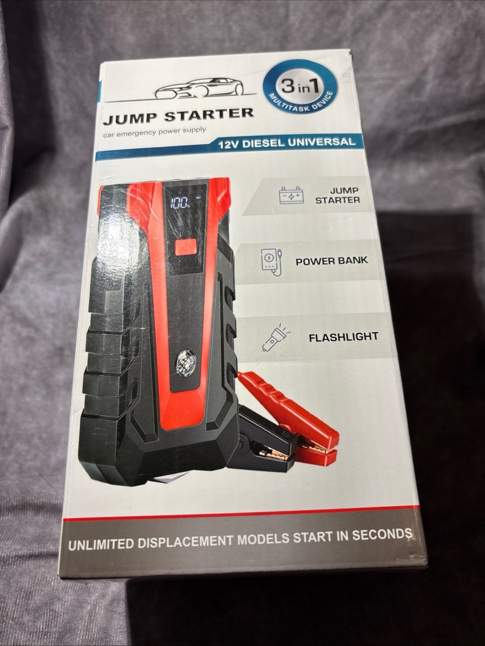 12V Red & Black Jump Starter Power Bank with Flashlight